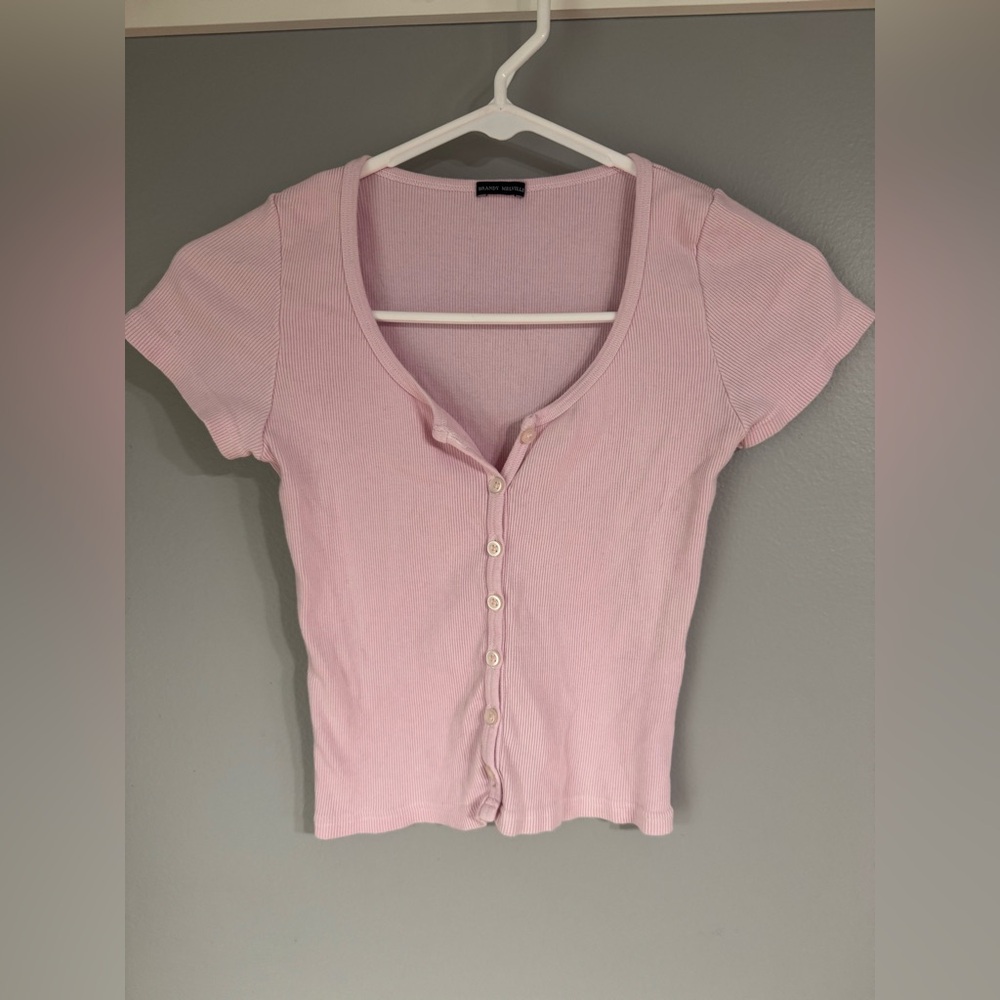 Brandy Melville Light Baby Pink Button Up Scoop Neck Cotton Tee One Size Blush